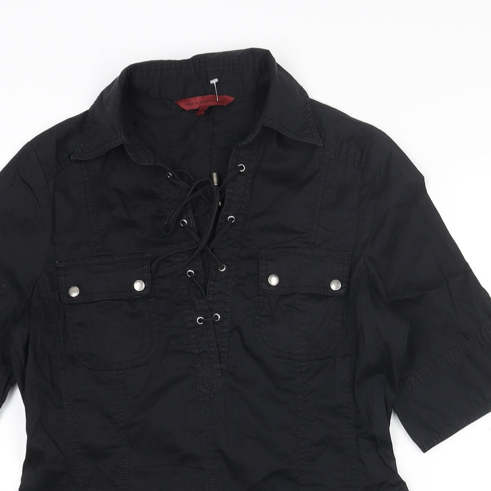 RJR.John Rocha Womens Black Cotton Basic T-Shirt Size 12 Collared - Lace Up Detail