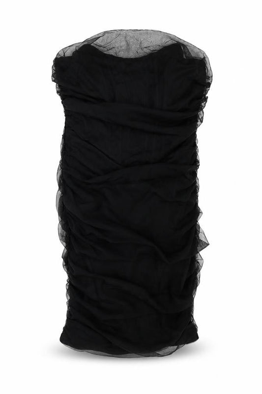 Front view of PRETTYLITTLETHING women’s black polyester mini, size UK 10, round neck zip
