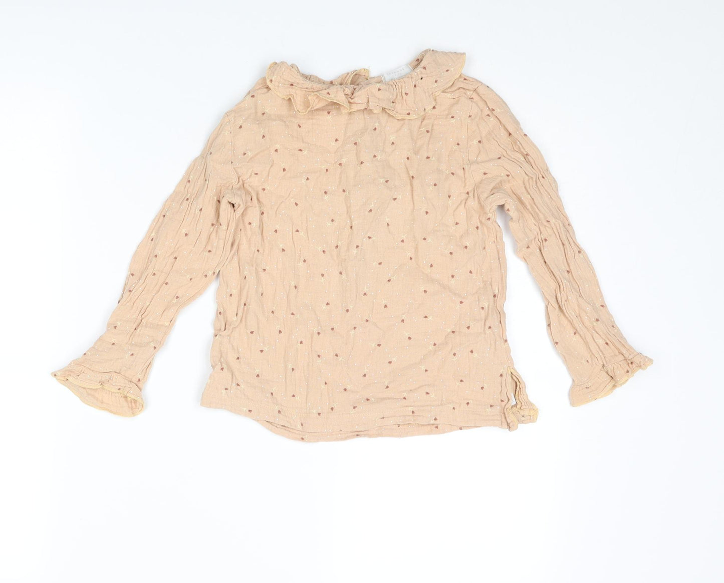 Zara Girls Beige Geometric Cotton Basic Blouse Size 4-5 Years Collared Button