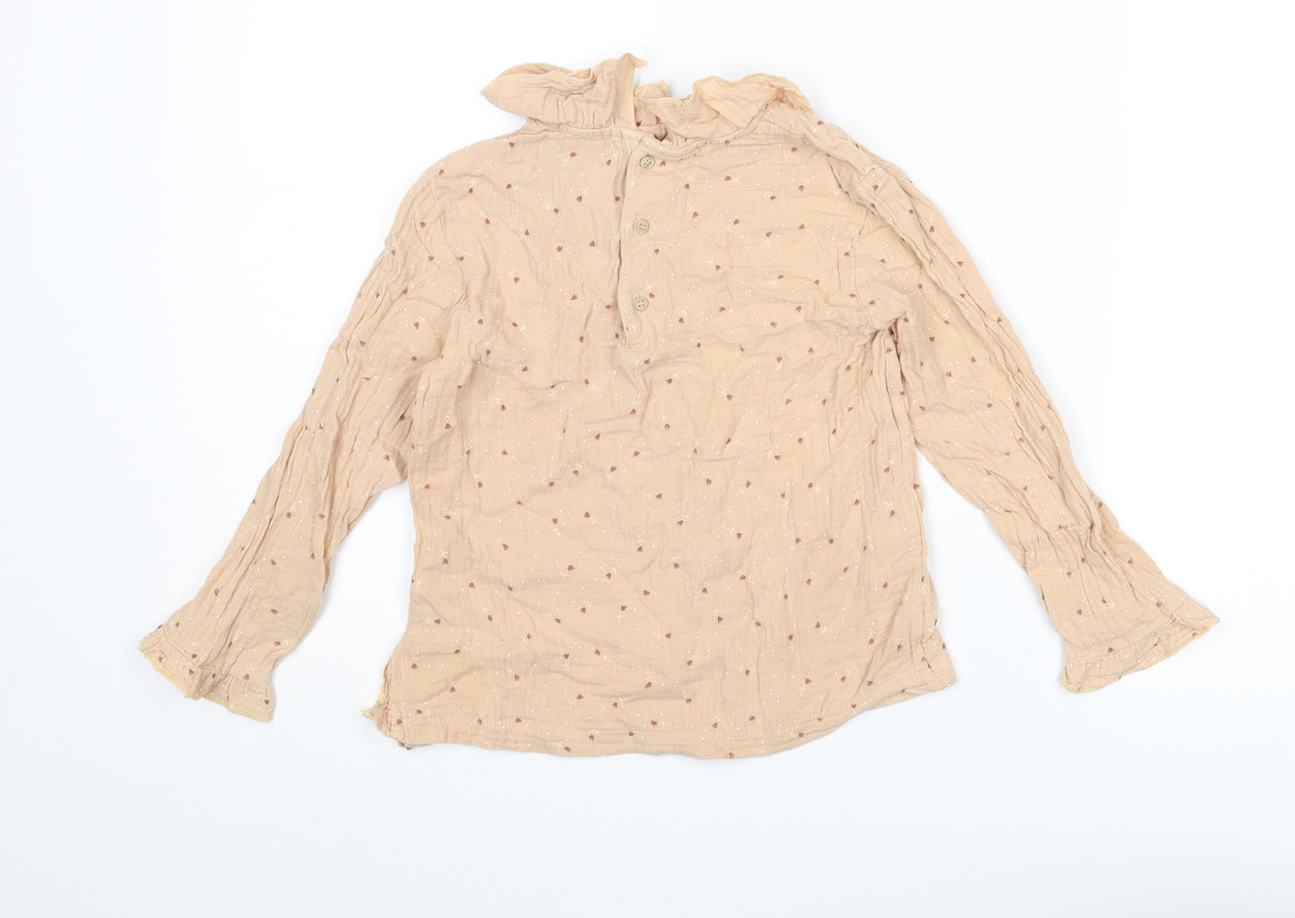Zara Girls Beige Geometric Cotton Basic Blouse Size 4-5 Years Collared Button