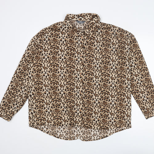 Max Womens Brown Animal Print Polyester Basic Button-Up Size 14 Collared - Leopard Print Size 14-16