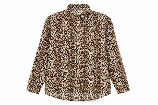 Front view of Max women’s brown animal print polyester basic button-up, size UK 14, collared - leopard print, size UK 14-16