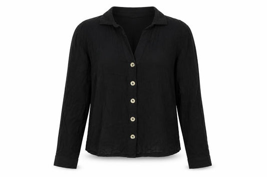 Front view of Divided by H&M women’s black viscose basic button-up, size UK 8, collared