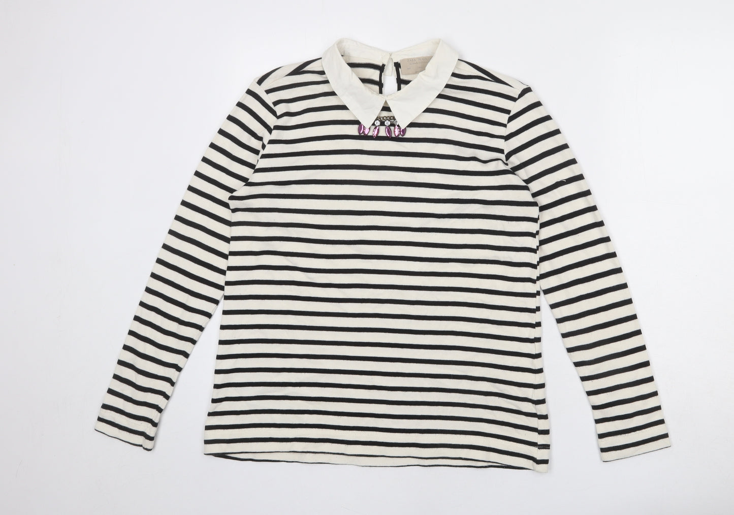 Zara Womens Ivory Collared Striped Acrylic Pullover Jumper Size L