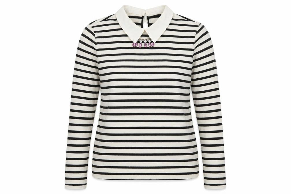 Front view of Zara women’s ivory collared striped acrylic jumper, size L