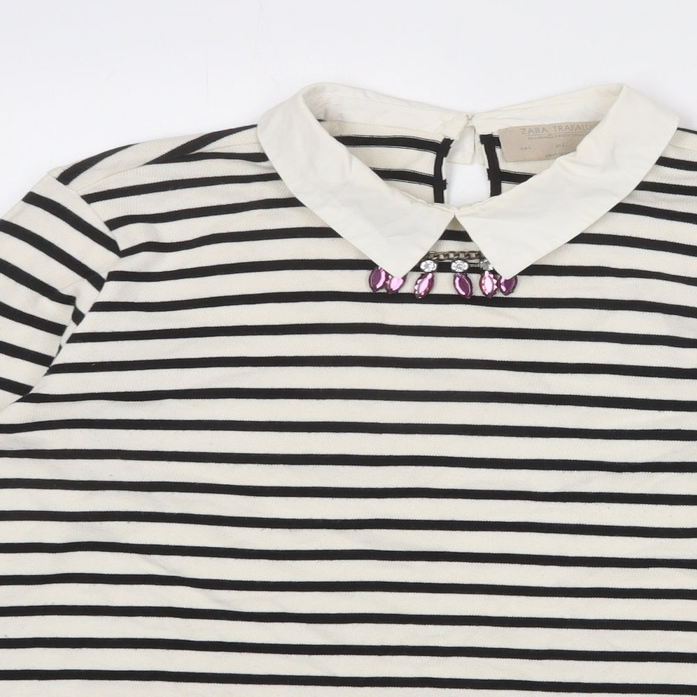 Zara Womens Ivory Collared Striped Acrylic Pullover Jumper Size L