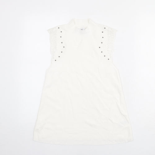 NEXT Womens Ivory Polyester Basic Tank Size S Mock Neck - Lace Details on Sleeves