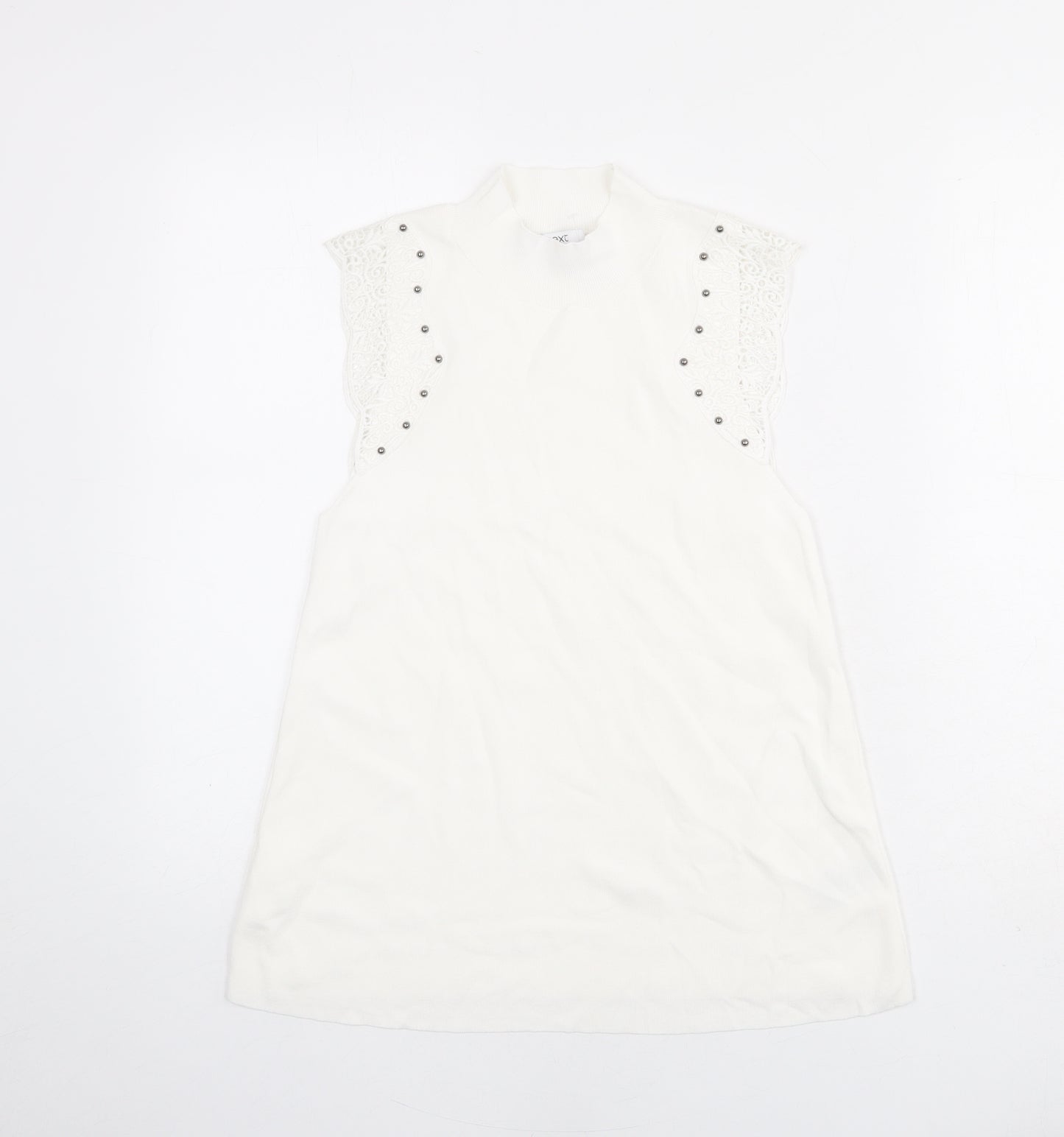 NEXT Womens Ivory Polyester Basic Tank Size S Mock Neck - Lace Details on Sleeves