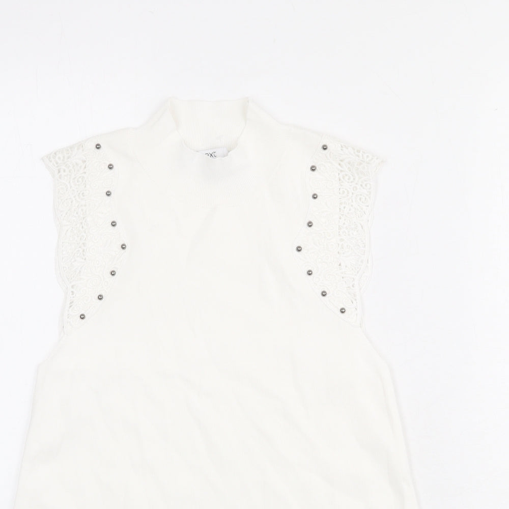 NEXT Womens Ivory Polyester Basic Tank Size S Mock Neck - Lace Details on Sleeves