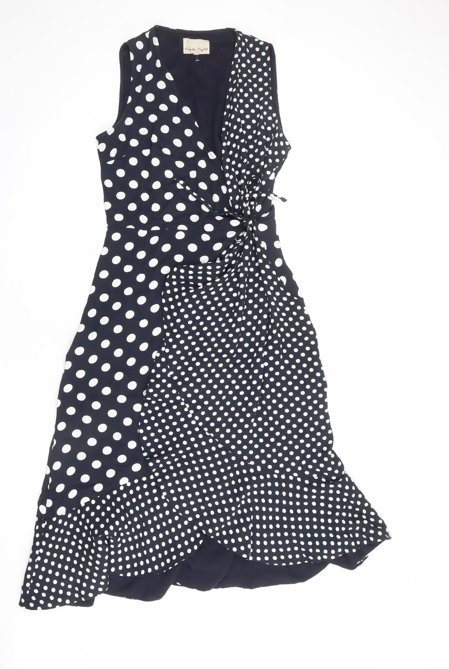 Phase Eight Womens Blue Polka Dot Viscose Wrap Dress Size 12 V-Neck Tie