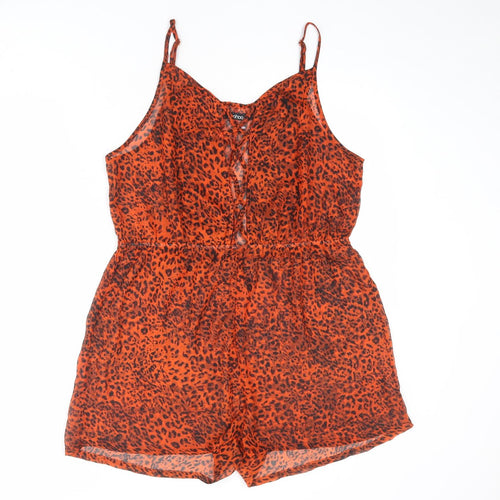 Boohoo Womens Orange Animal Print Polyester Playsuit One-Piece Size L L3 in Pullover - Leopard Print