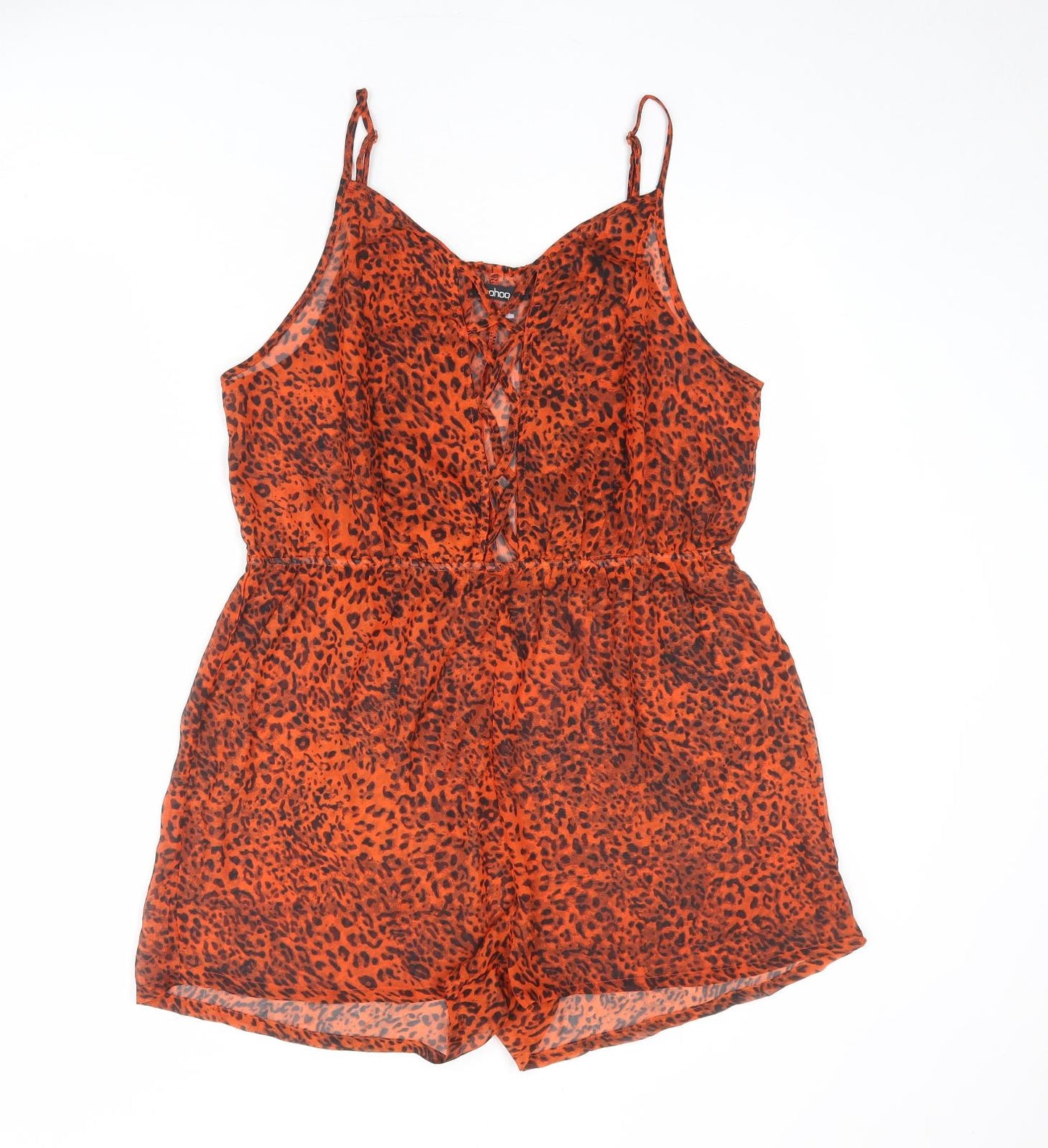Boohoo Womens Orange Animal Print Polyester Playsuit One-Piece Size L L3 in Pullover - Leopard Print