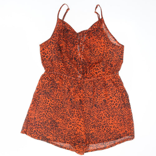 Boohoo Womens Orange Animal Print Polyester Playsuit One-Piece Size L L3 in Pullover - Leopard Print