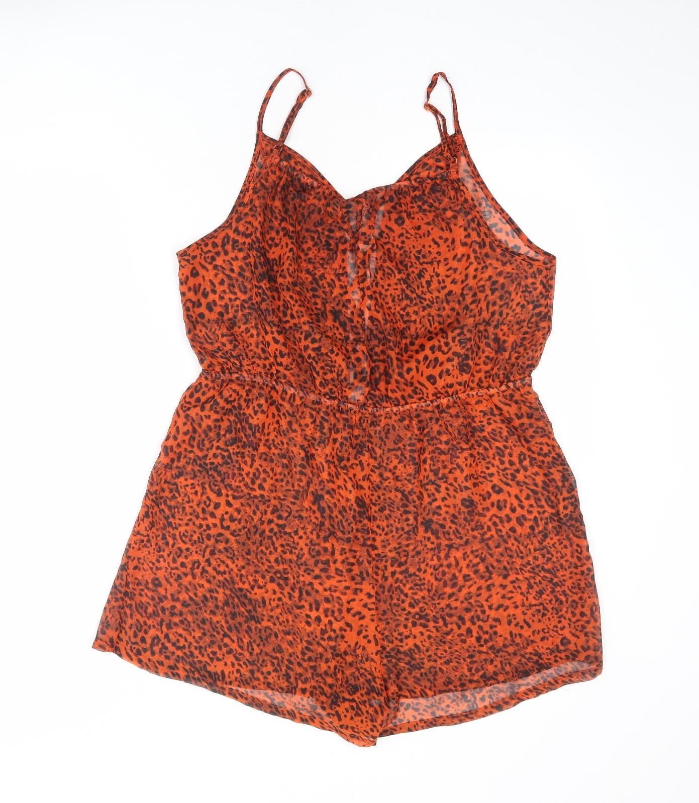 Boohoo Womens Orange Animal Print Polyester Playsuit One-Piece Size L L3 in Pullover - Leopard Print