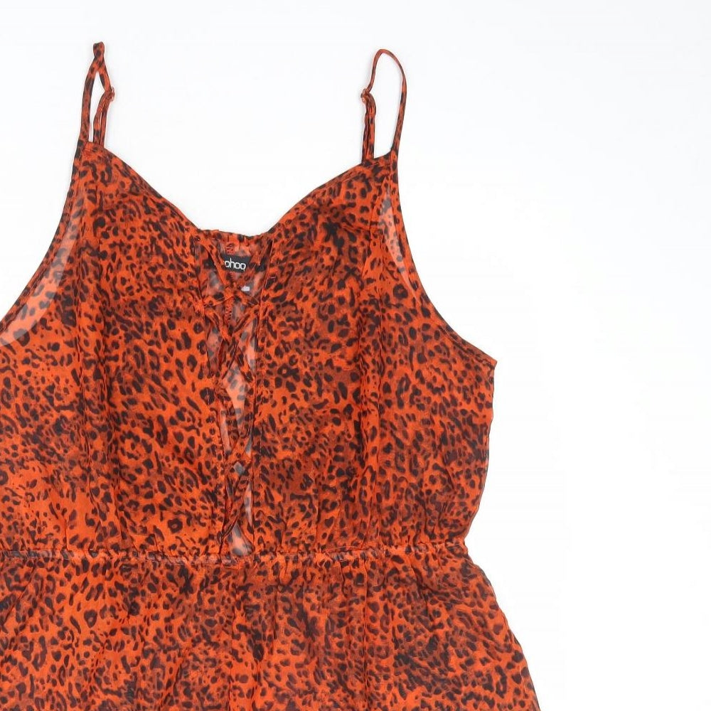 Boohoo Womens Orange Animal Print Polyester Playsuit One-Piece Size L L3 in Pullover - Leopard Print