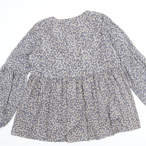 Zara Womens Blue Floral Polyester Basic Blouse Size L Round Neck