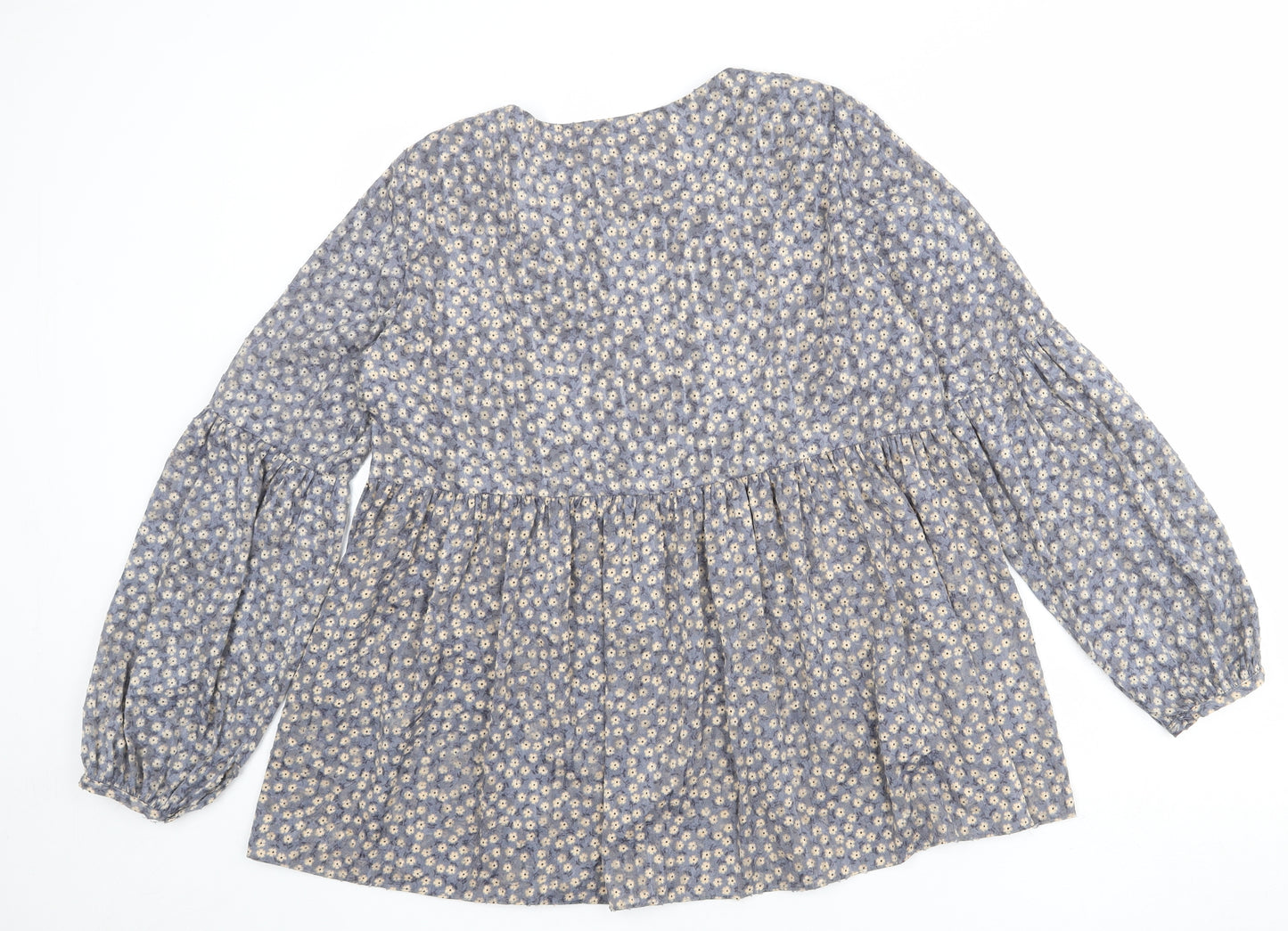 Zara Womens Blue Floral Polyester Basic Blouse Size L Round Neck