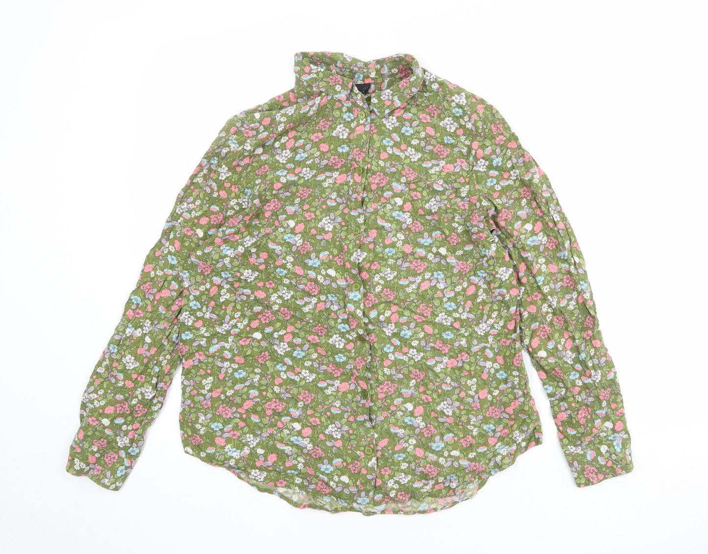 Topshop Womens Green Floral Polyester Basic Button-Up Size 8 Collared