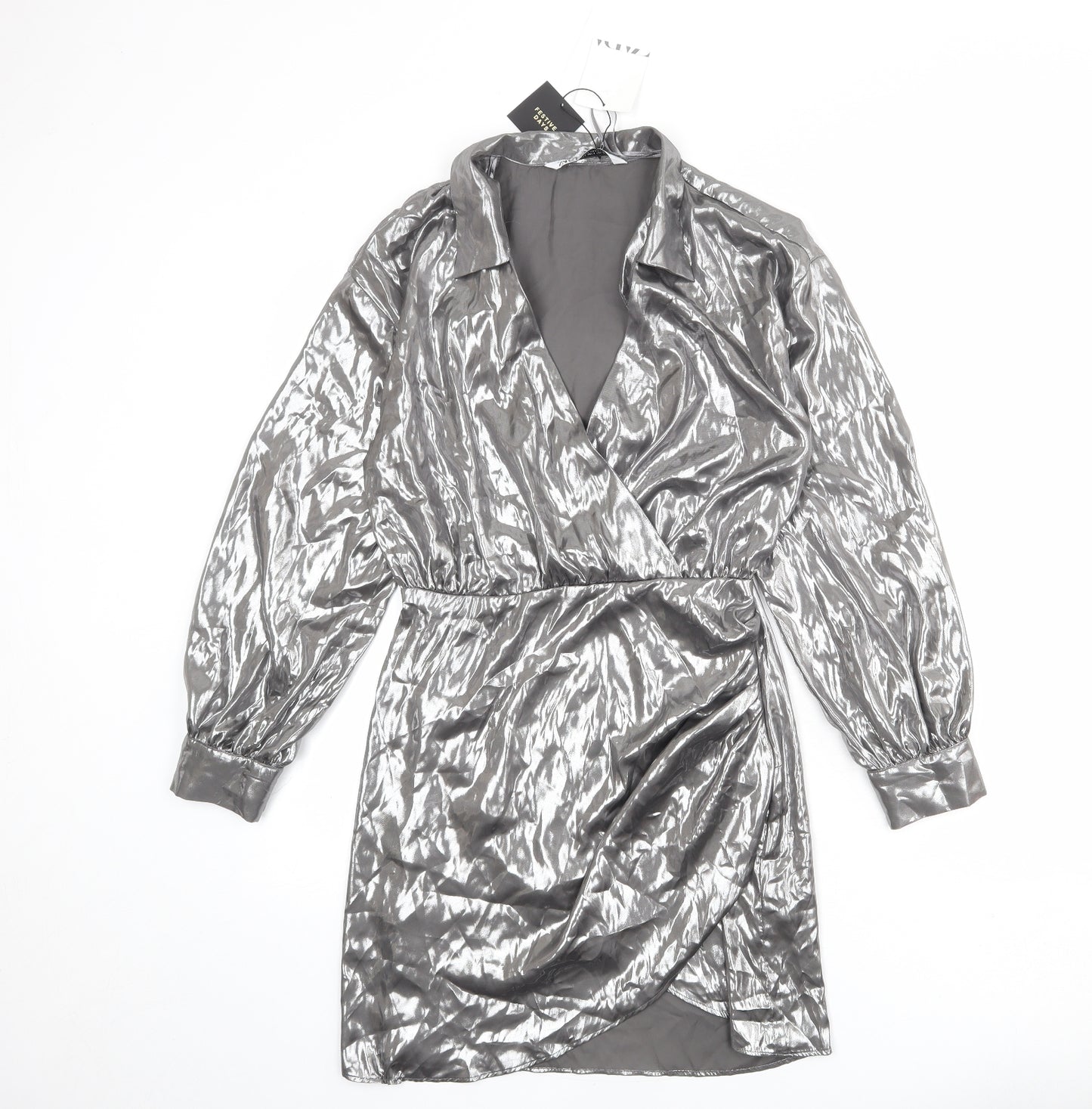 Zara Womens Silver Polyester A-Line Size S Collared Zip
