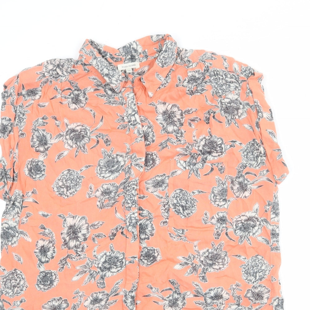 River Island Womens Pink Floral Viscose Basic Button-Up Size 10 Collared