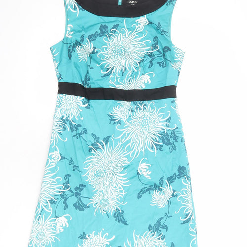 Oasis Womens Blue Floral Cotton Shift Size 10 Boat Neck Zip