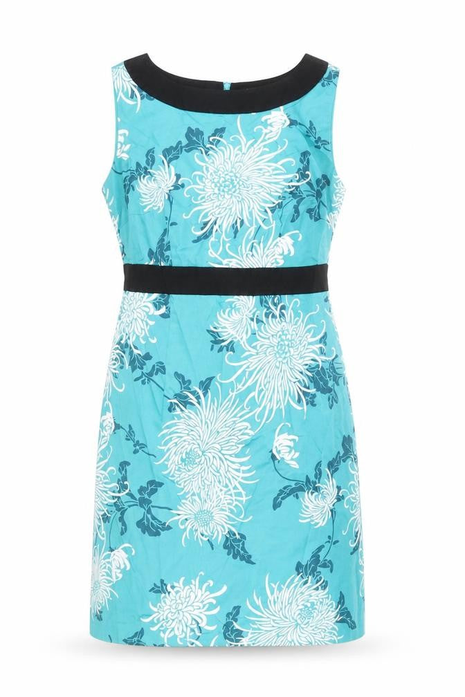 Front view of Oasis women’s blue floral cotton shift, size UK 10, boat neck zip