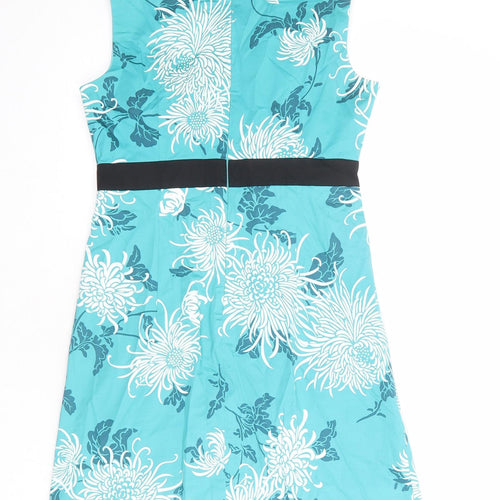 Oasis Womens Blue Floral Cotton Shift Size 10 Boat Neck Zip