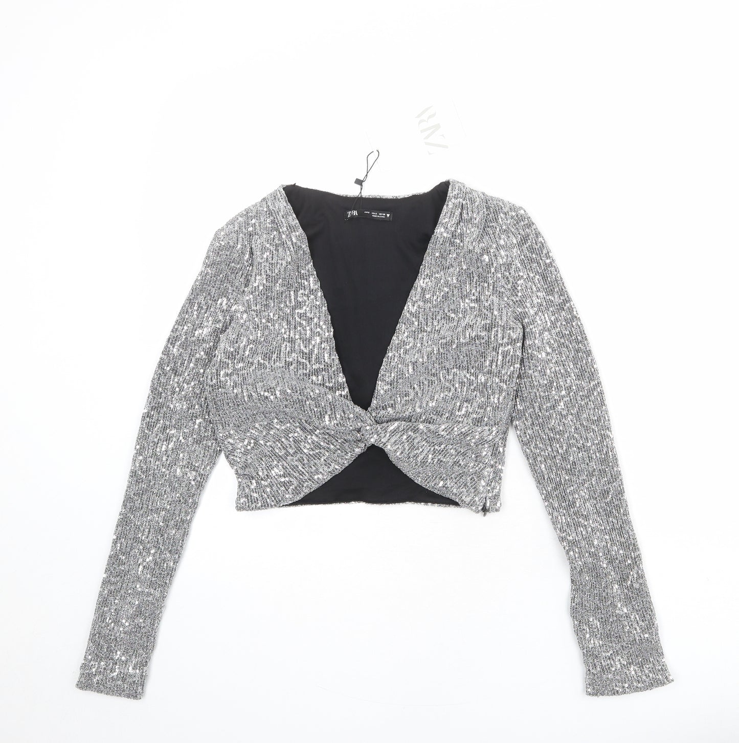 Zara Womens Silver Polyester Cropped Blouse Size S V-Neck