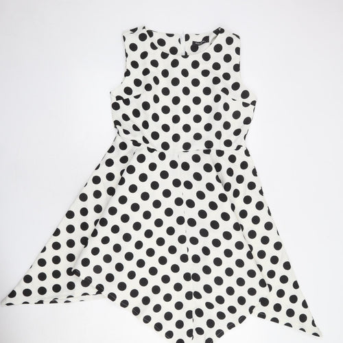 Real Form Womens White Polka Dot Polyester Trapeze & Swing Size 14 Round Neck Zip