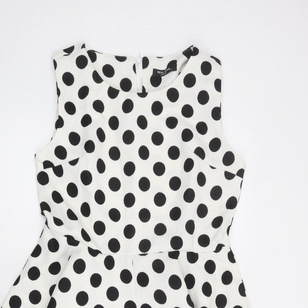 Real Form Womens White Polka Dot Polyester Trapeze & Swing Size 14 Round Neck Zip