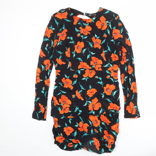 Zara Womens Black Floral Viscose A-Line Size L Round Neck Zip