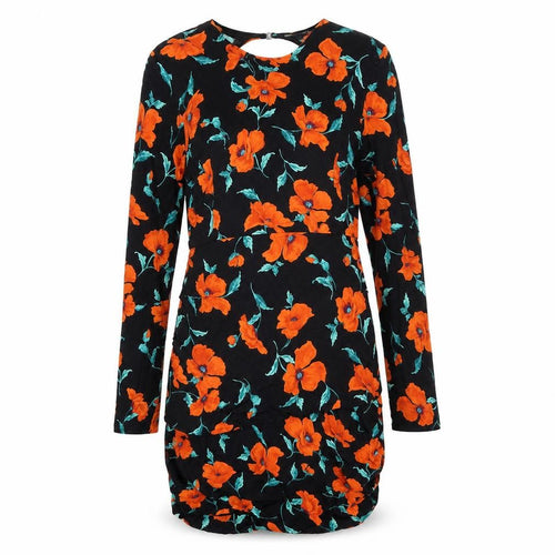 Zara Womens Black Floral Viscose A-Line Size L Round Neck Zip