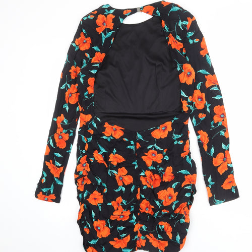 Zara Womens Black Floral Viscose A-Line Size L Round Neck Zip