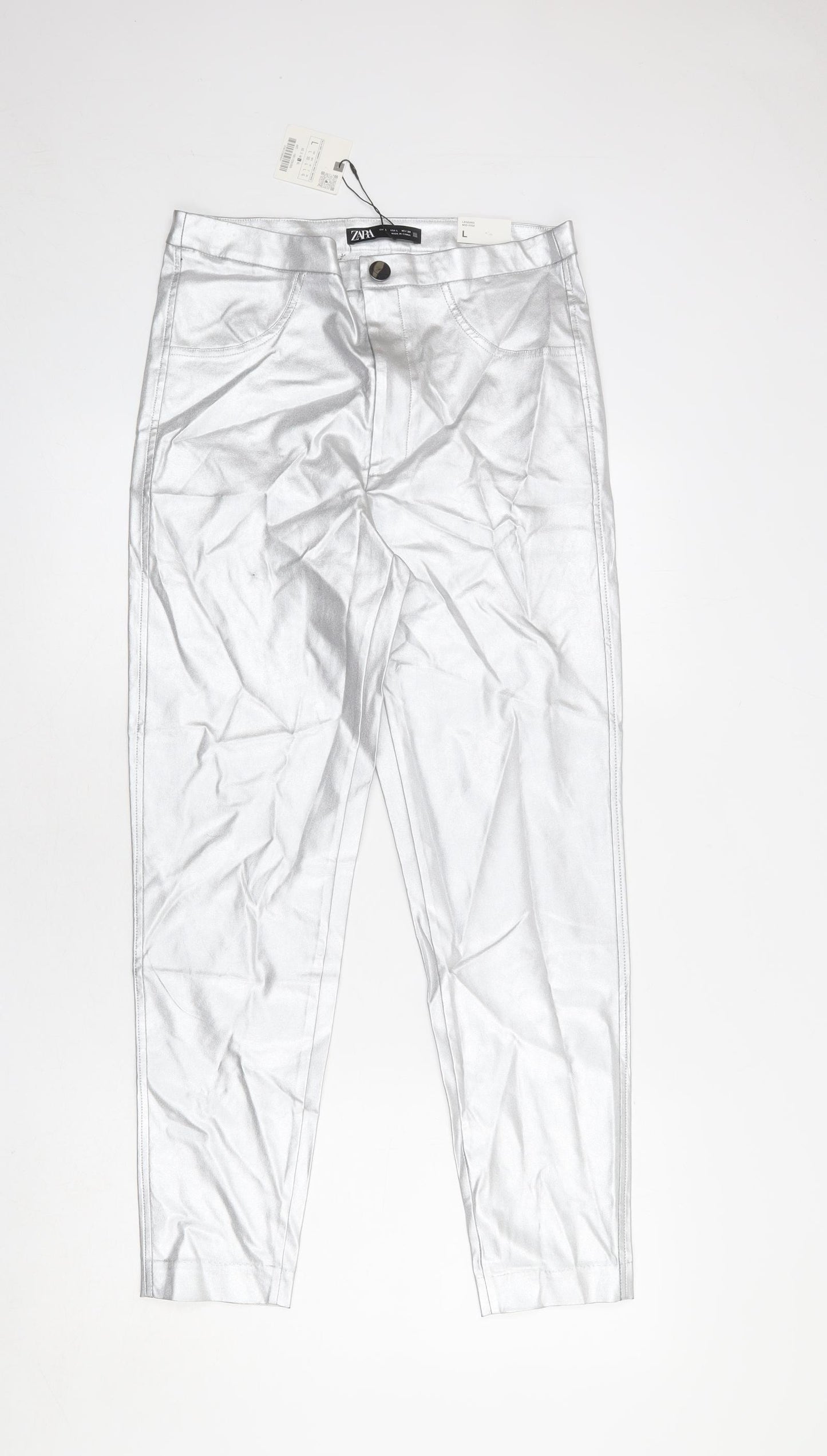 Zara Womens Silver Viscose Trousers Size L L26 in Regular Zip