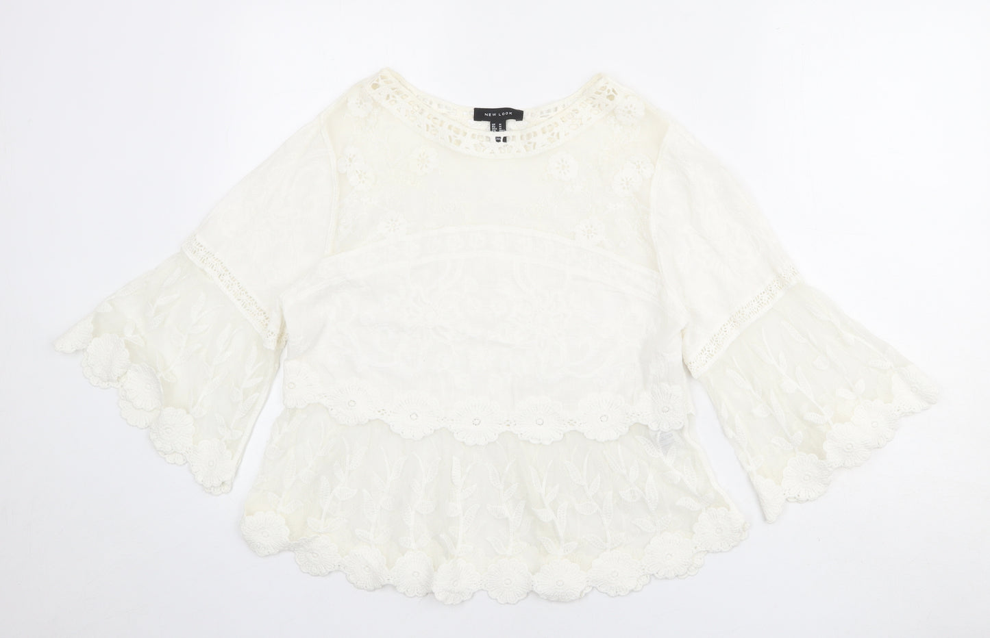 New Look Womens Ivory Cotton Basic Blouse Size M Boat Neck - Flute Sleeve