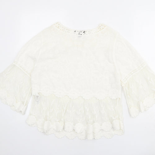 New Look Womens Ivory Cotton Basic Blouse Size M Boat Neck - Flute Sleeve