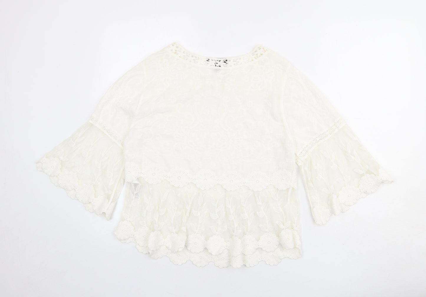 New Look Womens Ivory Cotton Basic Blouse Size M Boat Neck - Flute Sleeve