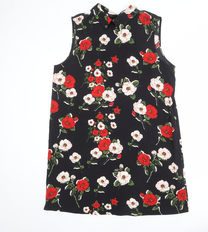 Fashion Union Womens Black Floral Polyester Shift Size 16 Collared Tie