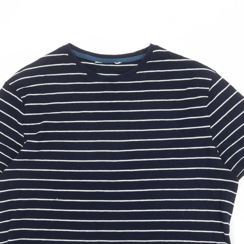 Marks and Spencer Mens Blue Striped Cotton T-Shirt Size M Crew Neck