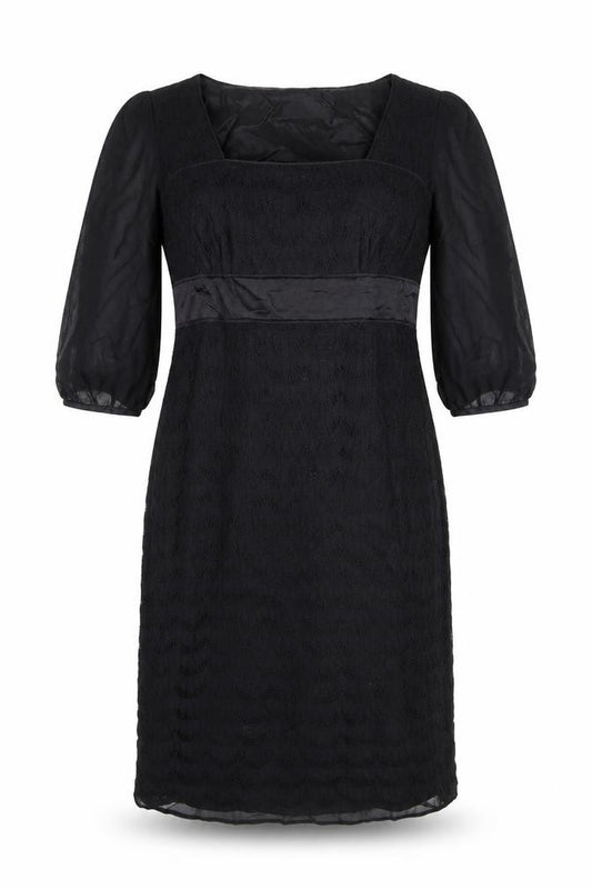 Front view of Monsoon women’s black polyester sheath, size UK 10, square neck zip