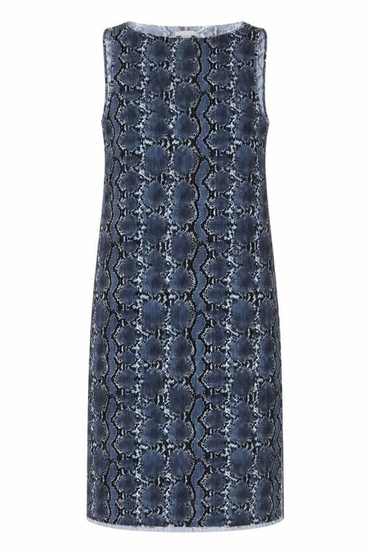 Front view of H&M women’s blue animal print polyester shift, size M, boat neck pullover - snake print