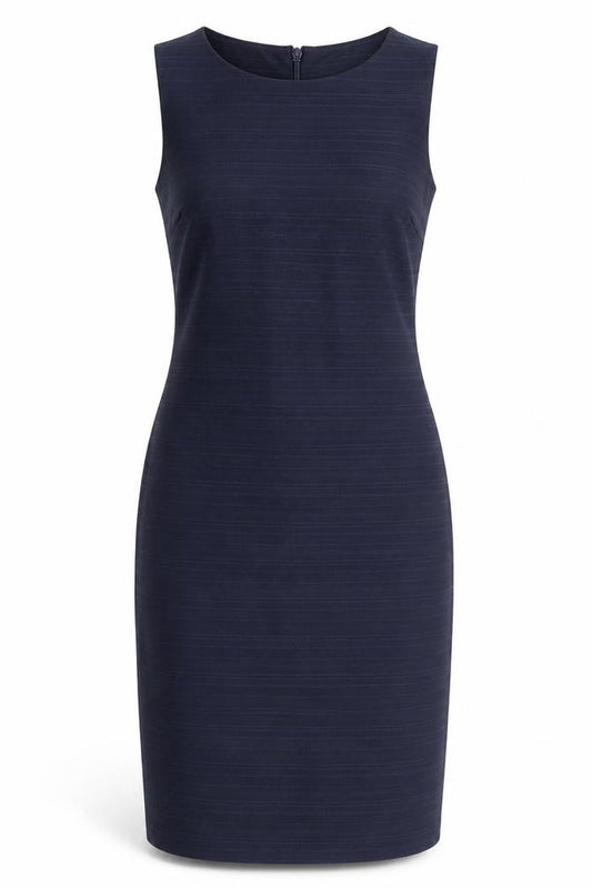 Front view of Next women’s blue striped polyester pencil dress, size UK 12, boat neck zip