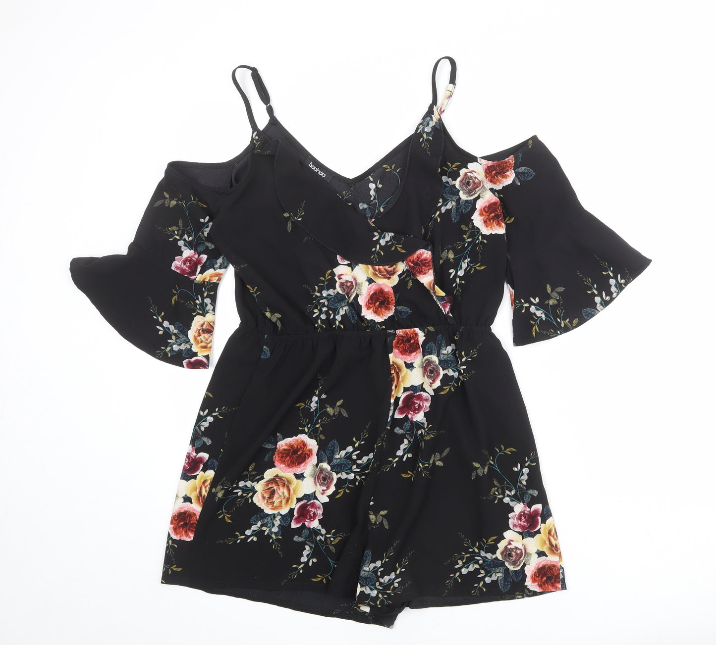 Boohoo Womens Black Floral Polyester Playsuit One-Piece Size M L3 in Pullover - Cold Shoulder
