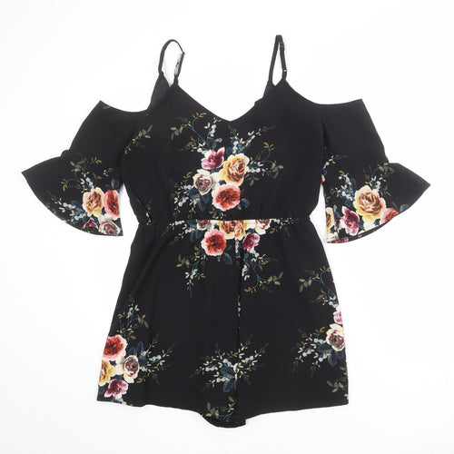 Boohoo Womens Black Floral Polyester Playsuit One-Piece Size M L3 in Pullover - Cold Shoulder