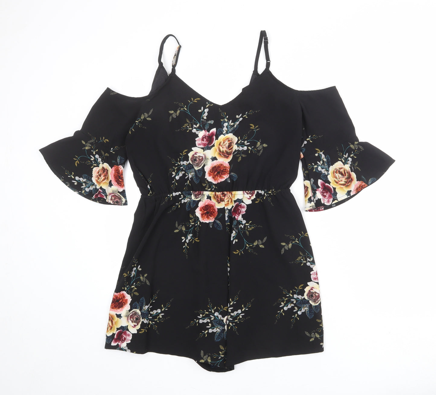 Boohoo Womens Black Floral Polyester Playsuit One-Piece Size M L3 in Pullover - Cold Shoulder