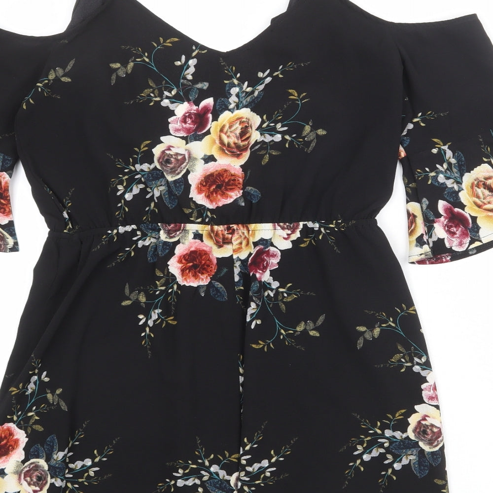 Boohoo Womens Black Floral Polyester Playsuit One-Piece Size M L3 in Pullover - Cold Shoulder