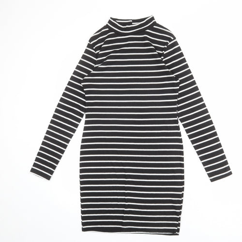 Cameo Rose Womens Black Striped Polyester T-Shirt Dress Size 14 Mock Neck Pullover