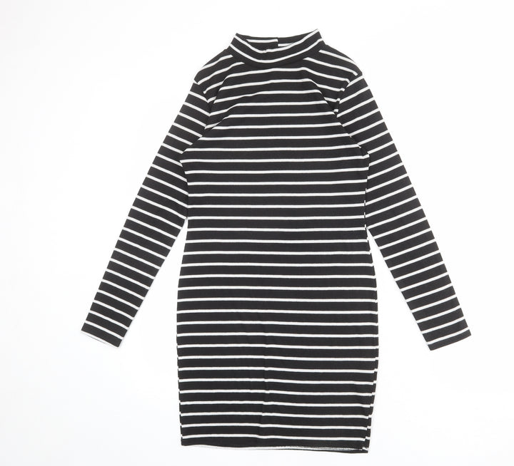 Cameo Rose Womens Black Striped Polyester T-Shirt Dress Size 14 Mock Neck Pullover