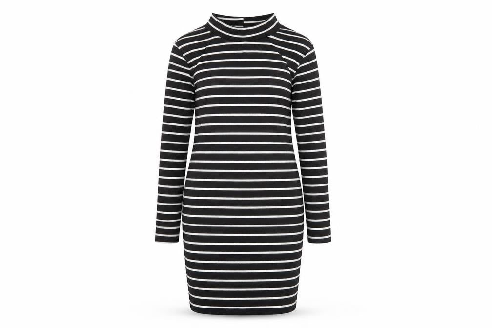 Front view of Cameo Rose women’s black striped polyester t-shirt dress, size UK 14, mock neck pullover