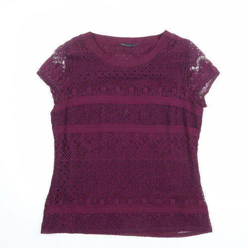Marks and Spencer Womens Purple Geometric Cotton Basic T-Shirt Size 10 Round Neck